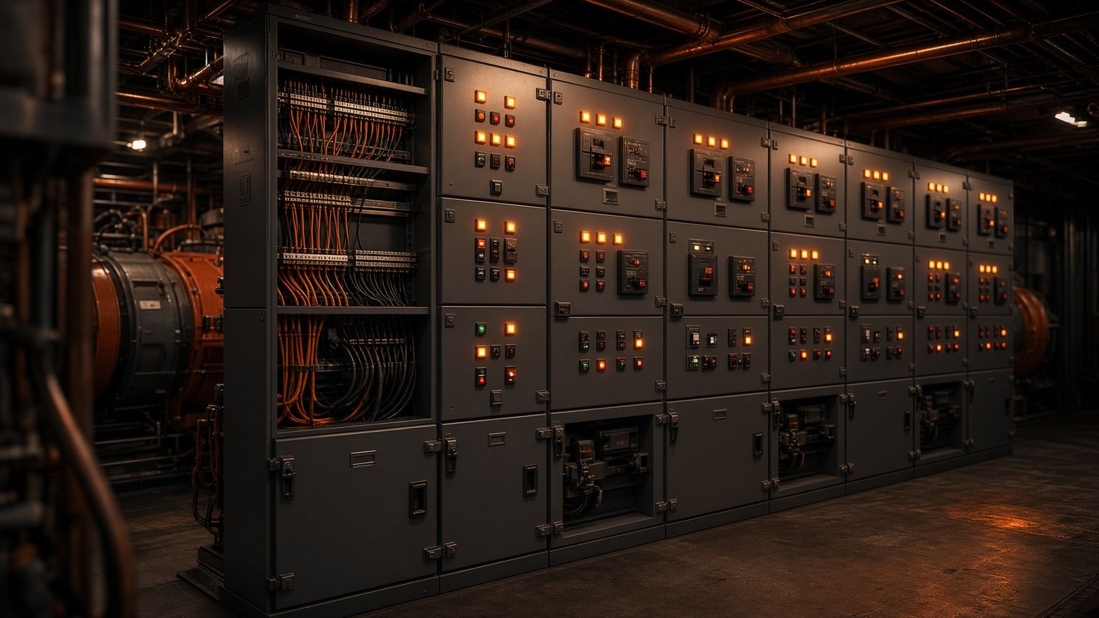 Laray sa switchgear ug control panels nga naay orange nga indicator lights sa ngitngit nga planta