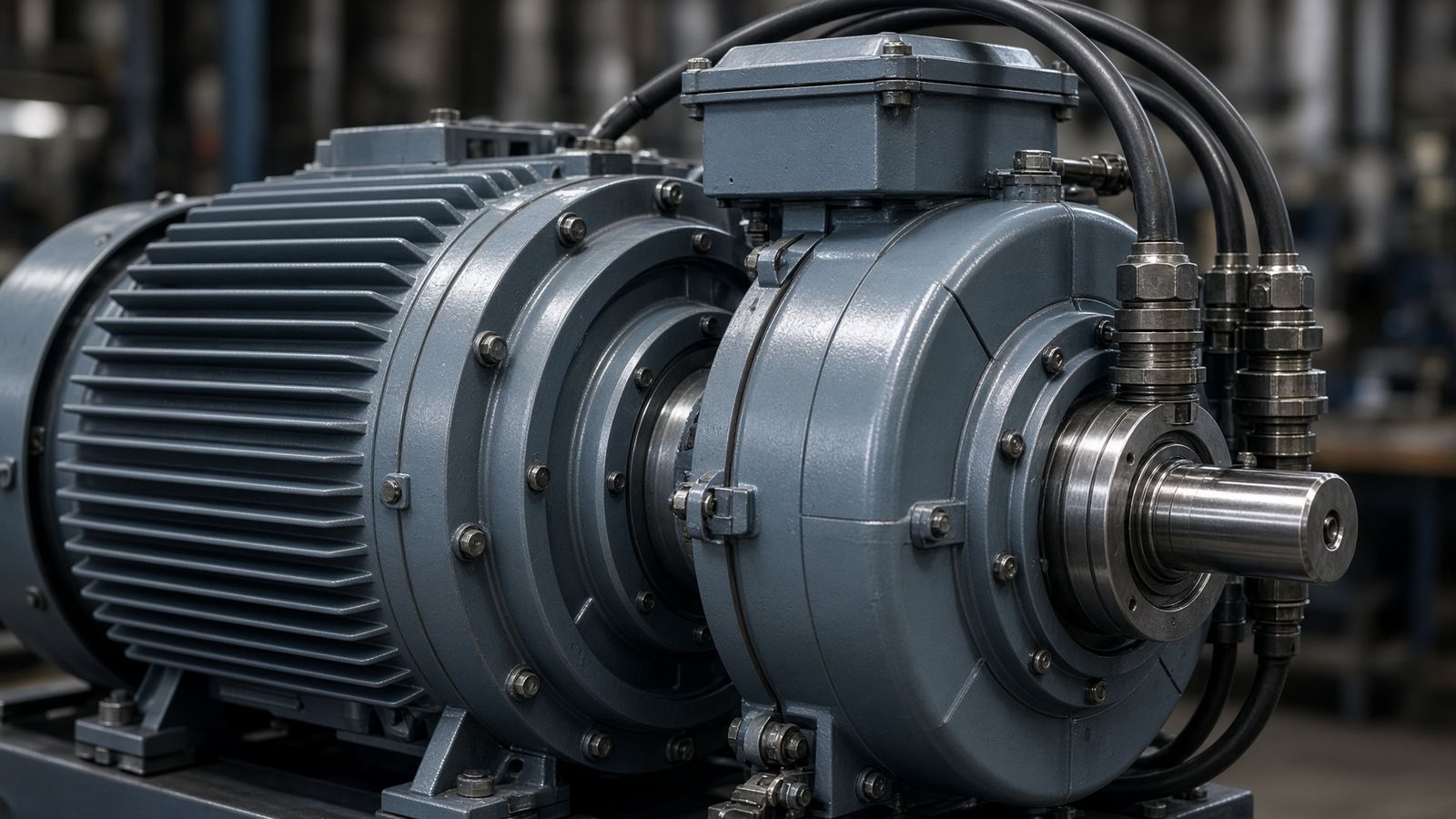 Close-up sa grey nga industrial electric motor nga naay mga cable
