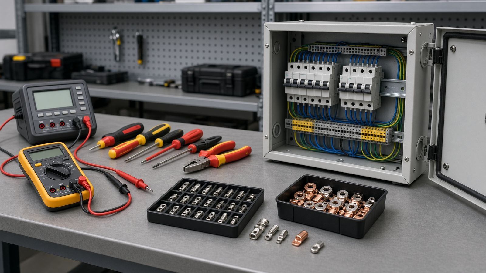 Workbench nga naay multimeter, screwdriver, cable lugs ug gibuksan nga gamay nga breaker panel